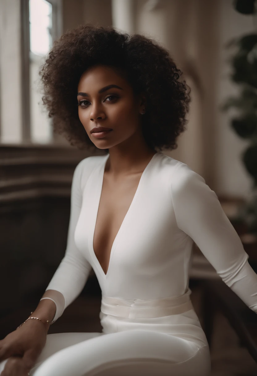 RAW photography, Photorealistic, beste-Qualit, absurdress, Photo of beautiful black Hispanic African woman, white colored hair, Detail Skin, Tight-fitting transparent white jumpsuit, Wedge heel, At the back, Focus on the back, looks at the viewer, Graceful...