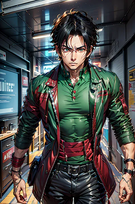 crimson red jacket, emerald green polo shirt, emerald green belt with crimson red touches