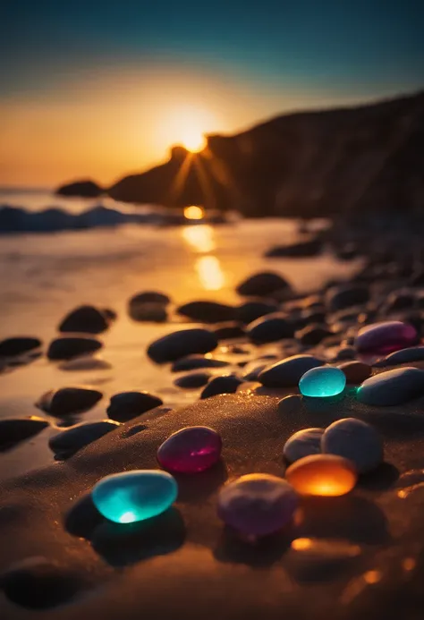 Group of glowing stones sitting on beach next to the sea, Colorful glow, Magical Beach, Bright glitter color, glowing colors, Shimmering rich colors, Colorful HD Drip, breathtaking colors, beautiful sunset glow, colorful sunset, Make the water shine, beaut...