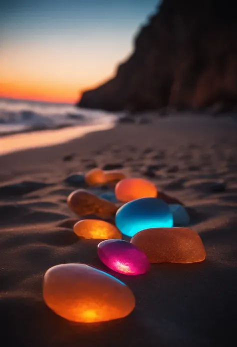 Group of glowing stones sitting on beach next to the sea, Colorful glow, Magical Beach, Bright glitter color, glowing colors, Shimmering rich colors, Colorful HD Drip, breathtaking colors, beautiful sunset glow, colorful sunset, Make the water shine, beaut...