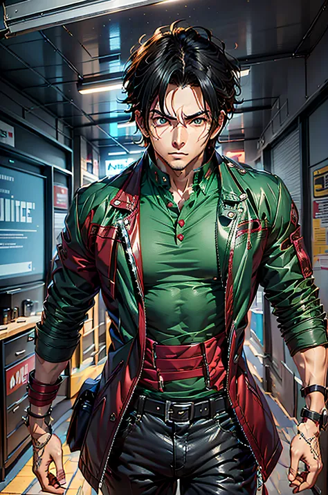 Crimson red jacket, emerald green polo shirt, emerald green belt with crimson red touches