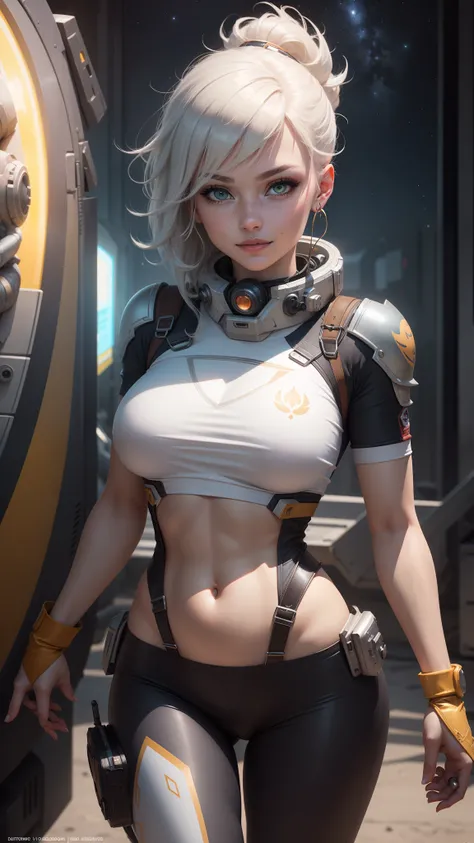 gwen tennyson,jinx,tracer,yshtola rhul, league of legends,overwatch,close up, mecha pilot,space port,tattoos,orange and silver plugsuit,white short sleeve lycra top,steel cargo pants,uncovered belly,short hair,cute makeup,green eyes,dimensional golden hair...