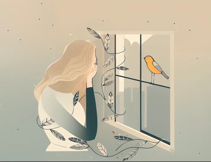 Illustration of a woman looking out the window at a bird, #illustration, editorial illustration, illustration!, An illustraion, inspirado em Will Barnet, Directed by: Adelaide Victoire Hall, illustration | Rutkowski, illutstration, minimalistic illustratio...