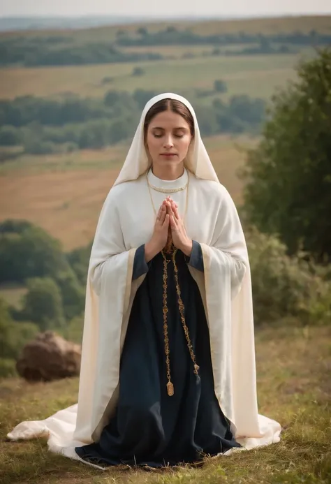 A photo of Our Lady of Fatima on top of a hill with the 3 shepherds kneeling and praying