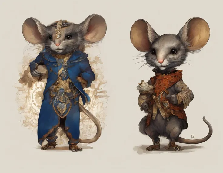 an anthropomorphic mouse Bohemian Warrior, dynamic body portrait, in the style of Brian Kesinger, Sergio Toppi, Virginia Frances Sterrett, dark cobalt blue gemstones and tarnished dark-silver jewelry, dark brown and light brown and dark white and dark yell...