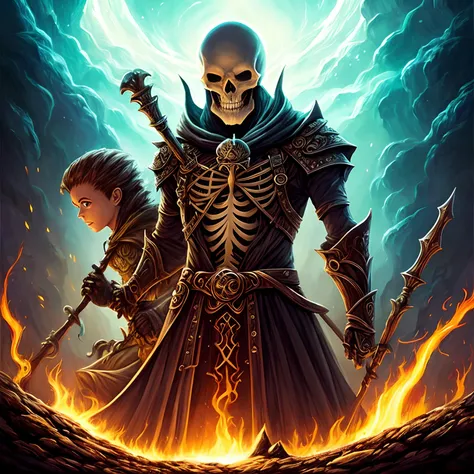 skeleton,animated skeleton,bone structure,elaborate skull and bones,detailed rib cage,dark and eerie shadowing,spooky composition,intricate skeletal structure, the Skeleton is holding a Wizards Staff, the Skeleton looks like its laughing. Lighting is drama...