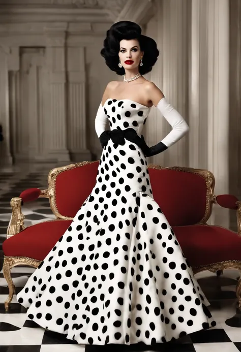 Create a vivid and detailed prompt that encapsulates the essence of a 1950s fashion model with a style reminiscent of Cruella de Vil. This model should exude the sophistication and edginess associated with Cruella, but with a distinct 1950s twist. Describe...