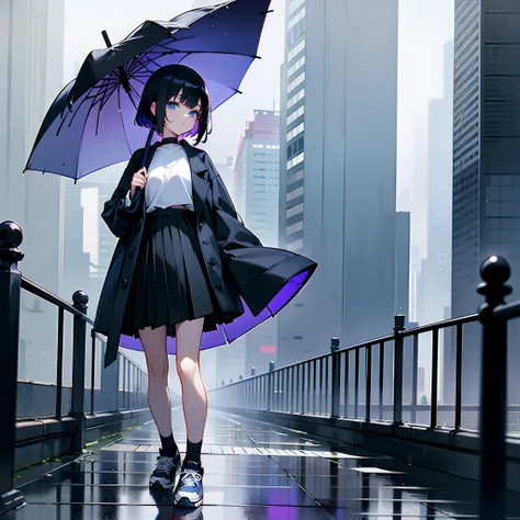 Rainy nights、An urban area lined with buildings、Girl Standing Without an Umbrella、Black coat、white t-shirts、a black skirt、Black lob hair with blue-violet mesh、Looking at me curiously、Post-apocalypse、Late Night Tokyo、Standing Girl、Blue eyes with highlights、...