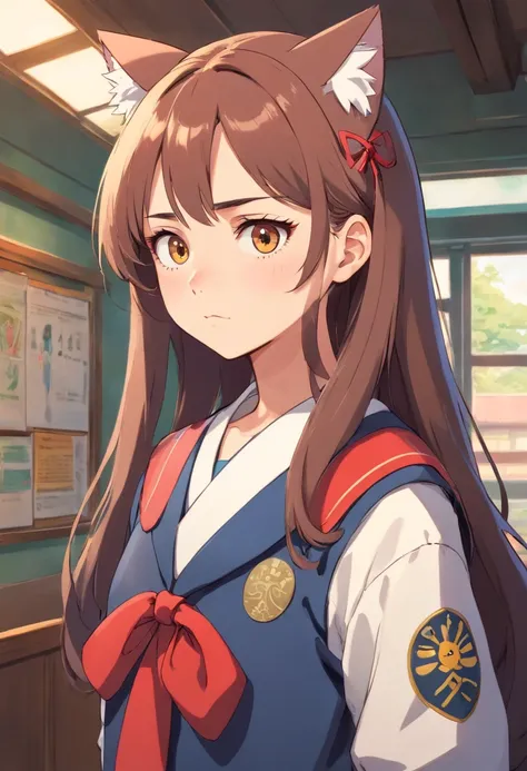 Catgirl in highschool Japanese uniform With sad expression