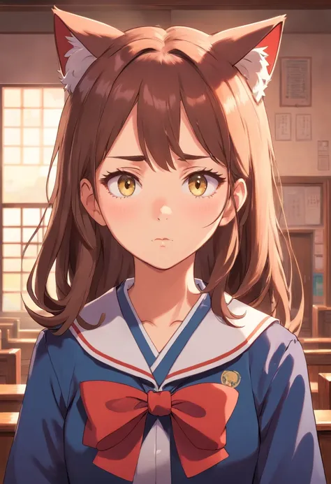 Catgirl in highschool Japanese uniform With sad expression