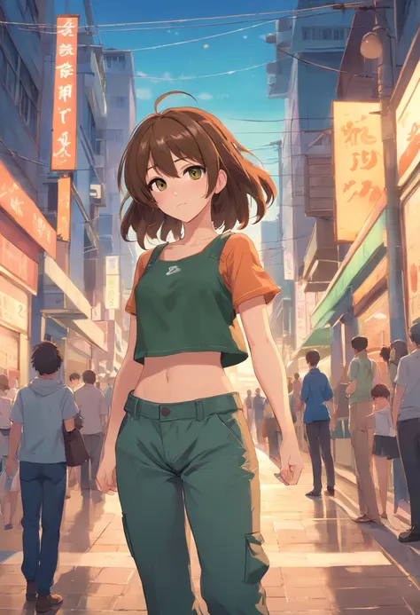 adult male-to-female crossdresser, feminine but no boobs, flat chest, hazel-green eyes, wavy brown hair, provocative, black crop top, high waisted cargo pants, combat boots, ear piercing, belly button piercing, realistic anime style, kinky atmosphere