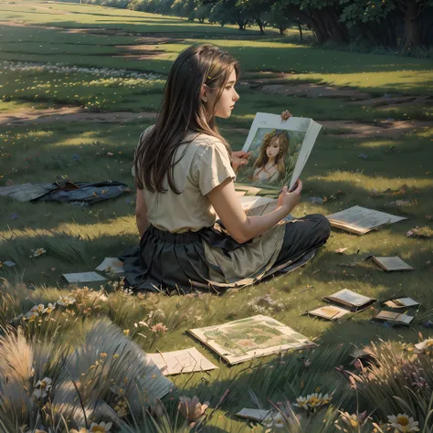 A woman artist making drawings, sitting in a lawn, facing against the camera, photo taken from behind, angle above, morning sunlight, very detailed illustration, many paintings of her are lying on the ground here and there, ((( intricate details on grasses...