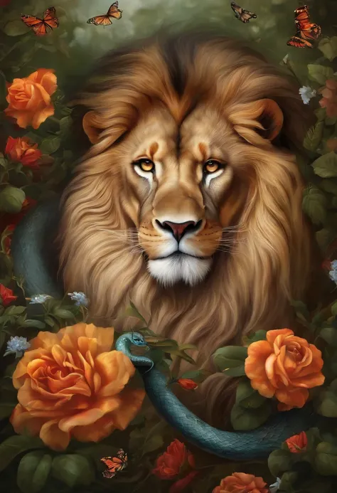 A Lion, a snake and flowers and thorns, a beautiful and detailed picture