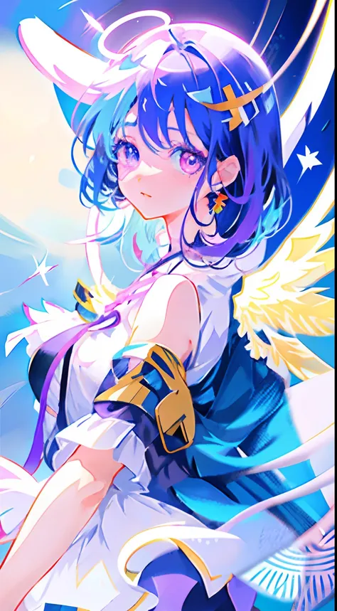 anime character girl with two-color eyes: blue and green, purple hair, cute angel halo on top head, angel wings, madoka Magica, magic girl, 12 years old girl, cute face, cute clothes, moe anime style, (8k, best face :1.3), vivid colors, soft light