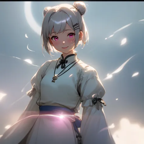 女の子 1 人、Short hairstyle with silver hair and bob, Hair tied in a bun with a hair clip, Pink eyes、small tits、a smile、Laugh、Cheongsam、hair adornments、a necklace、jewely、beautiful countenance、Inserting a into the_Body、Tindall Effect、Photorealsitic、Dark Studio、...