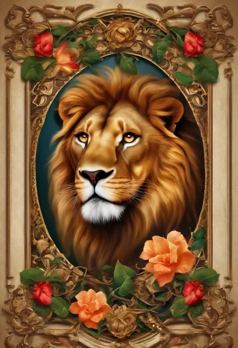 A Lion, a snake and flowers and thorns, a beautiful and detailed frame, show the details of the snake and the thorns, and they are side by side