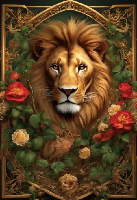 A Lion, a snake and flowers and thorns, a beautiful and detailed frame, show the details of the snake and the thorns, and they are side by side