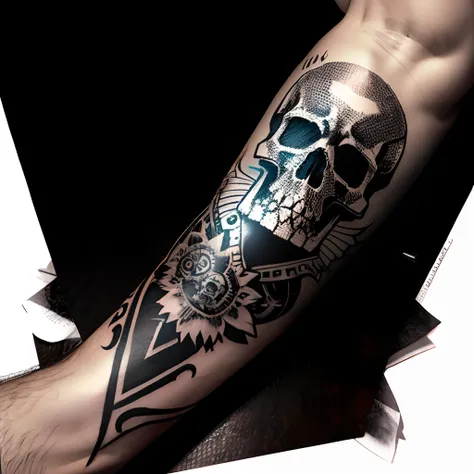 A forearm with a tattoo of a cybernetic skull