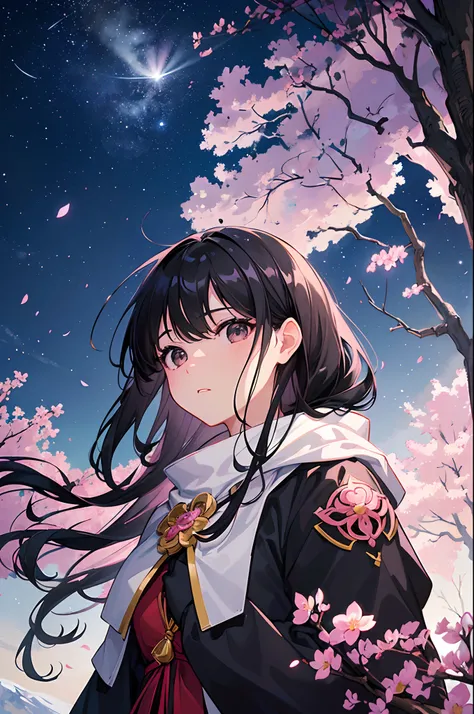 (Best Quality, Masterpiece),(1girl, miko, coat, countenance, Black Eyes, Looking from the front ,black hair, Walking, upper-body), (Night Sky Streak, A huge old tree behind, Falling glowing pink petals behind, The Shrine Behind, Mountain background, The Wi...