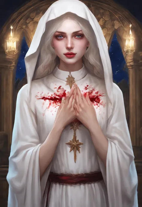 a picture of an exquisite beautiful female (nun: 1.3) vampire standing under the starry night sky on the porch of her monastary, full body, dynamic angle (ultra detailed, Masterpiece, best quality), ultra detailed face (ultra detailed, Masterpiece, best qu...