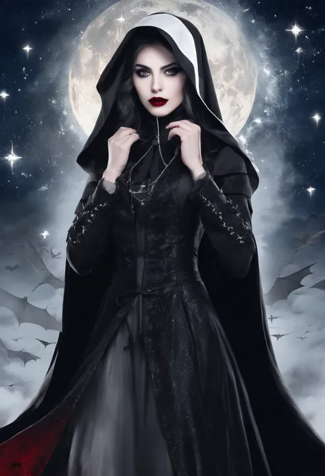 a picture of an exquisite beautiful female (nun: 1.3) (vampire: 1.5) standing under the starry night sky on the porch of her monastary, full body, dynamic angle (ultra detailed, Masterpiece, best quality), ultra detailed face (ultra detailed, Masterpiece, ...