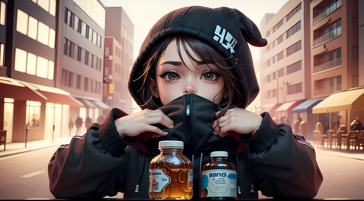 3D cartoon, chibi black boy wearing a ski mask and a hoodie hugging a cough syrup bottle