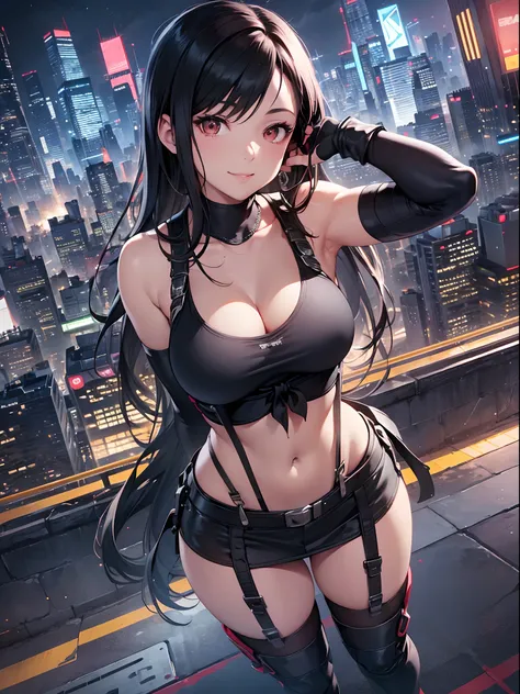 (8K, Best Quality, Masterpiece: 1.2), (Realistic, Photorealistic: 1.37), Super Detail, One Girl, Cute, Solo, (Tifa Lockhart), (Big Breasts), (Beautiful Eyes), (Smile: 1.2), Closed, Model Pose, (Green Neon), Cityscape, Depth of Field, Dark Strong Shadows, S...