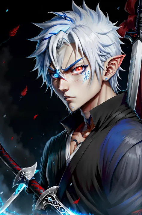 anime,Elfo Negro,Mini crossbow on left arm,two-handed sword (Ichigo Kurosakis zanpakutou), Ele tem 1.78 de altura, Pele azul escuro , Ele tem cabelos brancos e quase raspados. , Her eyes are entirely white (He has no iris), Ele tem orelhas pontudas