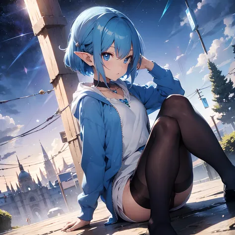 elf with blue hair, blue eyes, crystal necklace, blue hoodie,short straight hair,Sitting, taking off her pantyhose 4k anime