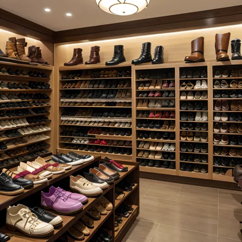 all sorts of shoes in etageres, including sandals , boots