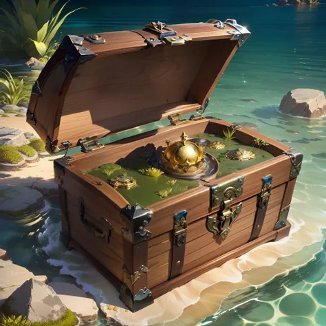 Open treasure chest in shallow water greens and gold seam monster