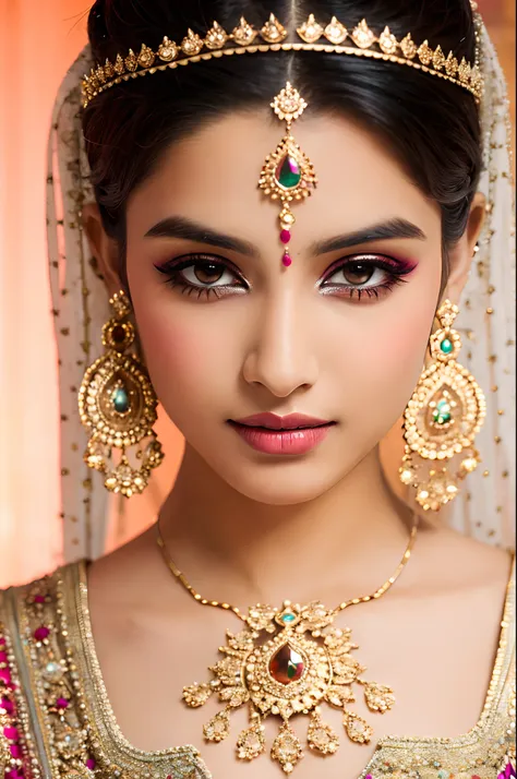 beautiful face, indian bride, intense makeup, skin texture, hyper detailed