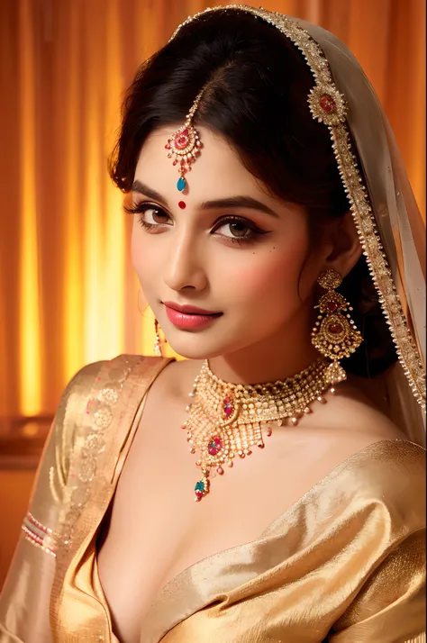 Beautiful face, Indian bride, intense makeup, skin texture, hyper detailed, cleavage