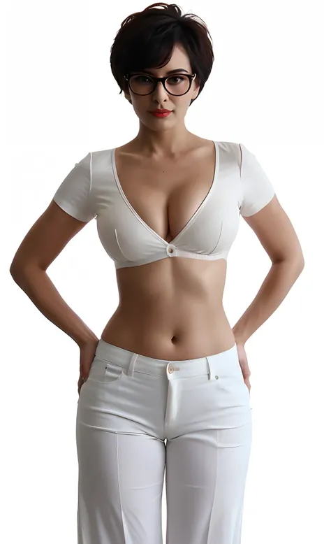 impudent spectacled very old aged elderly older mature cheeky intimidating confident master bossy lady, brazenly wears a very unbuttoned silk fit stretched overly skimpy midriff-shirt, that braless ladys belly-shirt completely bares her torso from her crot...