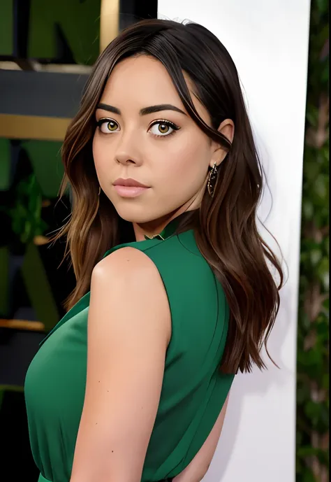 masterpiece, lifelike upper body image from behind of AubreyPlaza, wearing a green blouse, photo realistic, highly detailed, detailed face, resting bitch face, dramatic lighting, detailed eyes