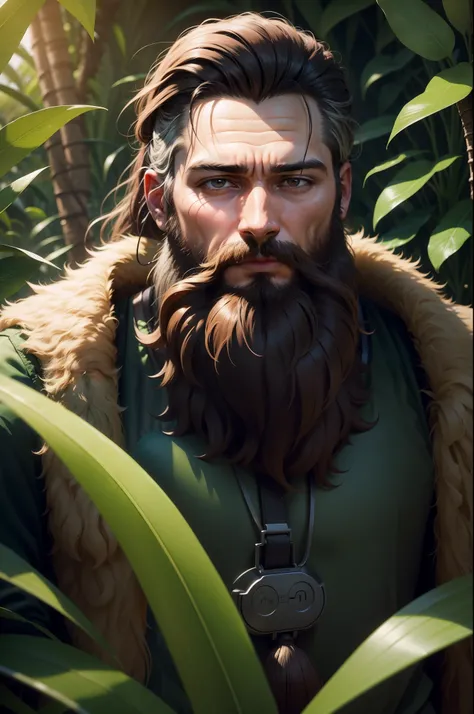 a man with a beard is stuck in the jungle of IT technologies. the kingdom of the jungle. High-quality photo, realistic