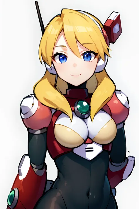 alia_megamanx, 1girl, solo, breasts, blue eyes, blonde hair, android, long hair, robot ears, simple background, smile, arms behind back, upper body, masterpiece, high quality,