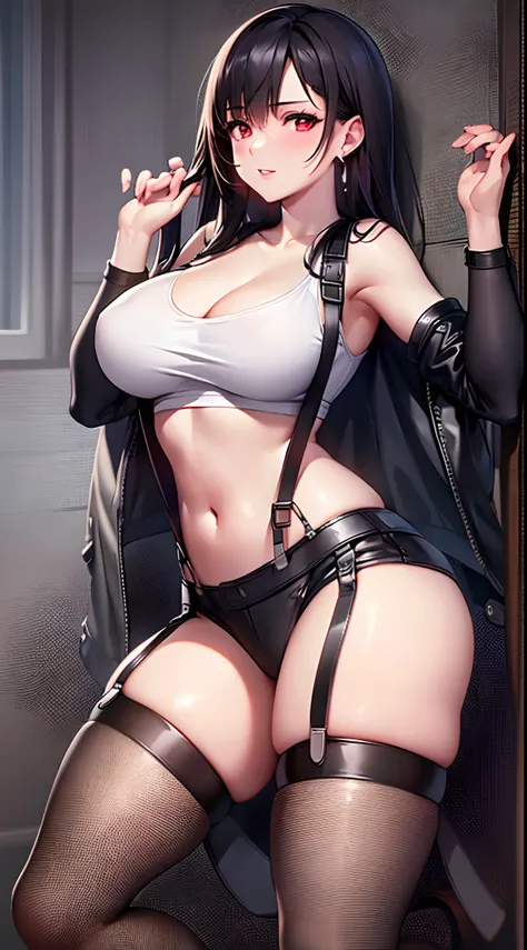 Masterpiece, High Resolution, High Quality, Detail Face, Detail Body Rendering, One Girl, Solo, Full Body, FF7 Tifa, White Tank Top, Suspenders, Sleeveless Costume,,, Sleeveless Shirt, Black Stockings, Dark Lips, Defrosted Jacket, Blushing, (Bedroom), pant...