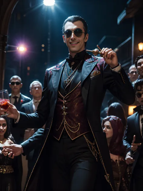 strahd von zarovich with sunglasses and a funky suit, disco ball, flashing lights, club, drink in hand, party, big smile, crowd