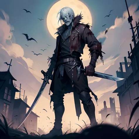 zombie holding a sword, swordman, fantasy, creepy, halloween background