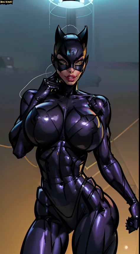 ((Catwoman)), dcau, (gigantic breasts:1.3) , (slendered abs:1.2), black bodysuit, mask over eyes, smirk, detailed, slim waist, masterpiece, thick legs, Athletic Body , ((gigantic breasts:1.2)) ((rim light:1.6)), ((character sheet)), standing straight, ((ma...