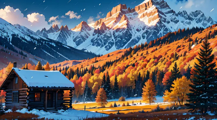 Mountain landscape scenery in the fall beautiful autumn colors and flowers with a very old log cabin with snow falling lightly in the air