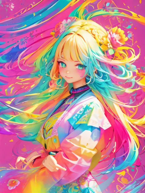 woman with light hair and bright makeup　face like a cat　painting of a, vivid neon ink painting, vibrant digital painting, vibran...