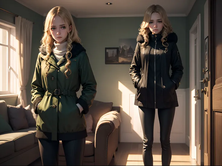 realistic, 8k image of a 15 year old girl, curly blonde hair, gorgeous, extremely detailed green eyes, dressed in a black coat and black pants, sad expression, looking down, standing in a living room of a German house, winter morning, anime style art