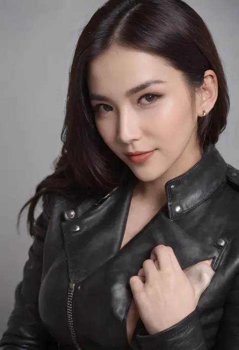 Wear black leather gloves on both hands, Upper body, Black leather rider jacket, Necklace on the chest, Smile in a modern study in the dark, black long straight hair, Young Japanese woman (Black leather gloves cover your hands) Fingers wearing black leathe...