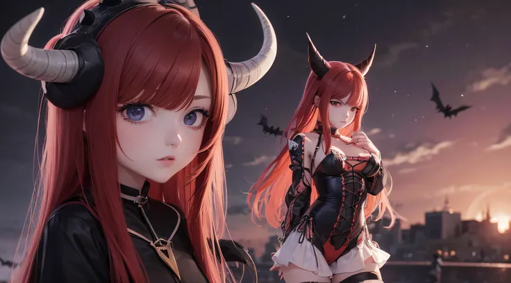 (obra prima) (perfection) (ULTRARREALISTA) (sem defeitos) Red-haired anime girl with horns on her head, 30 anos de idade, badass, Atmosfera de Halloween, Aboboras, triste, sangue, sangrar, castelo, noite, pouca luz, morcegos, ULTRARREALISTA