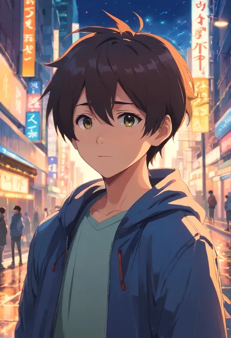 obra-prima, melhor qualidade, movie, boy, Boy as main protagonist, Looking distracted, close-up, At night, with the city lights vibrating, cold ilumination, sun sunset, (Sparks: 0,7)