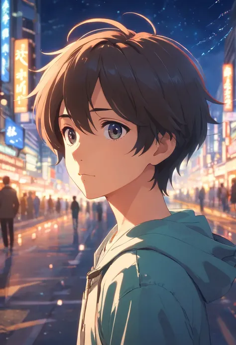 obra-prima, melhor qualidade, movie, boy, Boy as main protagonist, Looking distracted, close-up, At night, with the city lights vibrating, cold ilumination, sun sunset, (Sparks: 0,7)