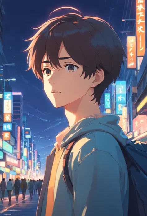 obra-prima, melhor qualidade, movie, boy, Boy as main protagonist, Looking distracted, close-up, At night, with the city lights vibrating, cold ilumination, sun sunset, (Sparks: 0,7)