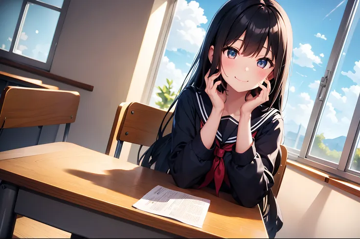 1girl,serafuku,hand on face,elbow on desk,sitting,classroom,sunlight,window,look at viewer,smile